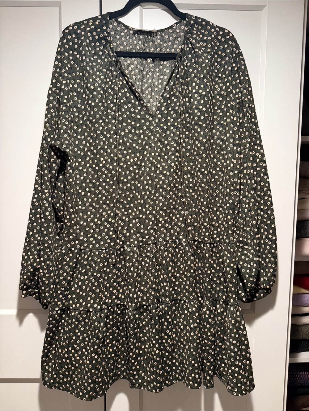 Mango Olive Green Floral Tiered Long-Sleeve Dress